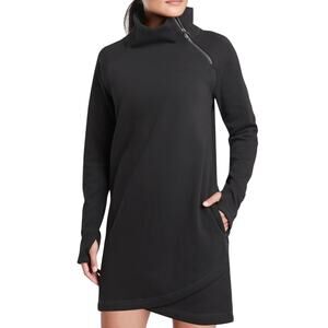 Athleta NWT Cozy Karma Asymmetric Sweatshirt Dress Black Size XS Zip Cowl Neck